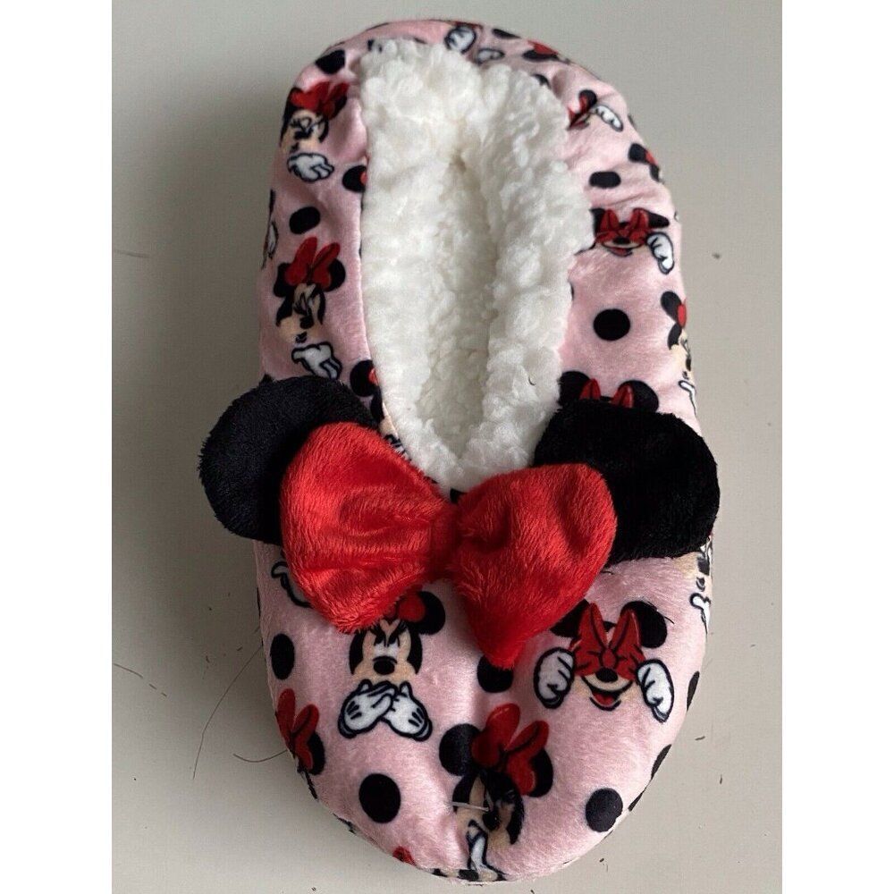 Disney Minnie Mouse Ears Bow Fuzzy Babba Women’s Slipper Socks Sz S/M 5.5/7.5